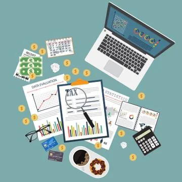 Auditing concept, tax process, analysis, data, accounting, planning, management Stock Illustration