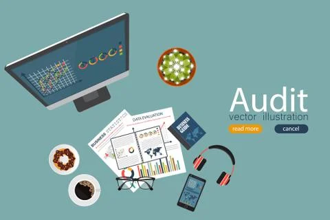 Auditing concept, tax process, analysis, data, accounting, planning, management Illustrazione stock