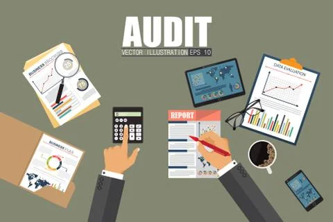 Auditing concept, tax process, analysis, data, accounting, planning, management Illustrazione stock