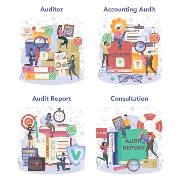 Auditor concept set. Business operation research and analysis. Stock Illustration