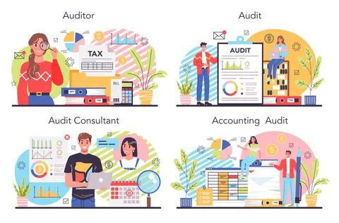 Auditor concept set. Business operation specialist. Professional financial Stock Illustration