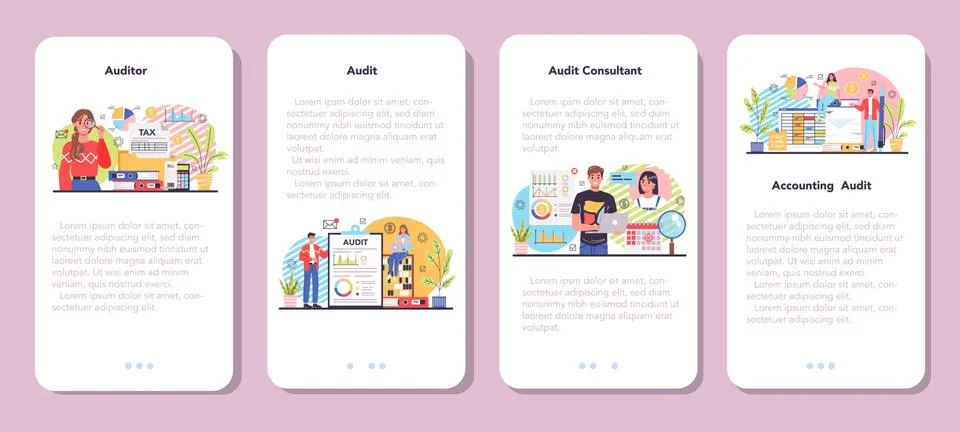 Auditor mobile application banner set. Business operation specialist Stock Illustration