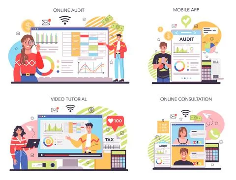 Auditor online service or platform set. Business operation specialist Stock Illustration