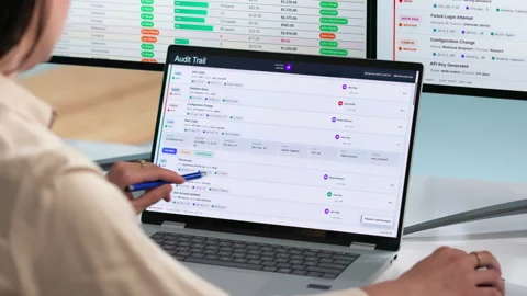 Auditor Reviews Data Logs On Laptop To Ensure Compliance Stock Footage 337641187