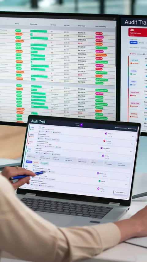 Auditor Reviews Data Logs On Laptop To Ensure Compliance Stock Footage 337642186