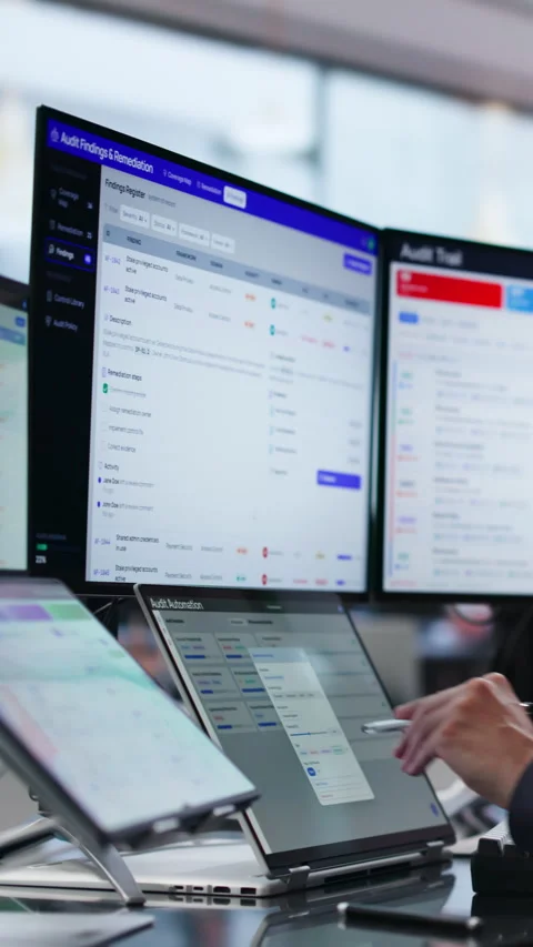 Auditor Reviews Software Dashboard To Track Compliance Stock Footage 339892205