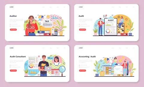 Auditor web banner or landing page set. Business operation specialist Stock Illustration