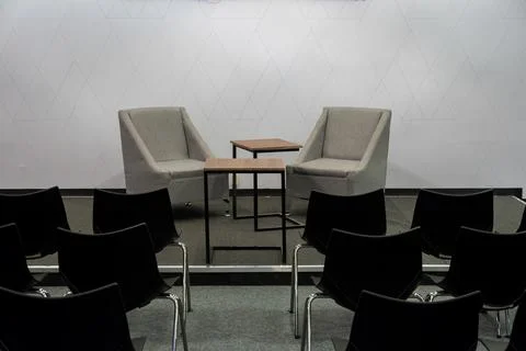 Auditorium with empty cinema type seating, conference about to begin, mexico 스톡 사진