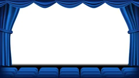 Auditorium With Seating Vector. Blue Curtain. Theater, Cinema Screen And Seats Stock Illustration