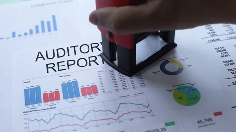 Auditors report rejected, hand stamping seal on official document, statistics Stock Footage 99427357