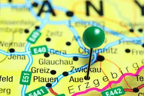 Aue pinned on a map of Germany Foto stock