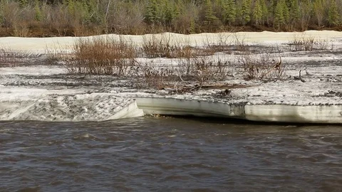 Aufeis Overflow Ice on River along Dempster Highway Stock Footage 79280806