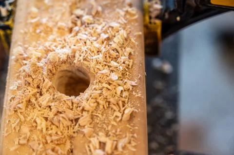 Auger hole cross section in pine stud 스톡 사진