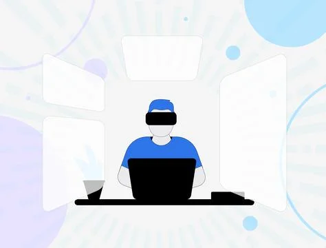 Augmented and virtual reality concept. Working in multiple windows with helmet Stock Illustration
