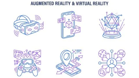 Augmented and virtual reality technology icon set for interactive media Stock Illustration