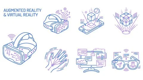Augmented and virtual reality technology concept line icons set with augmente Stock Illustration