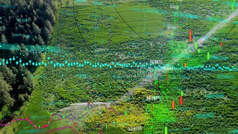 Augmented data visualization tracking crop health over aerial farmland, with Stock Footage 308046815