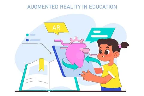 Augmented or extended reality in children education. Little school Illustrazione stock