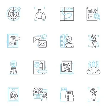Augmented reality and virtual reality linear icons set. Immersion, Simulation Stock Illustration