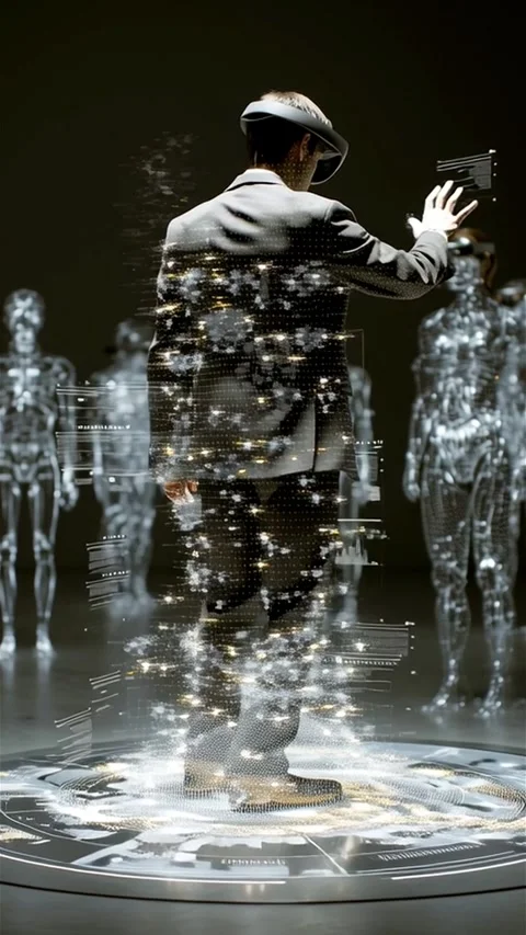 Augmented Reality Business Presentation with 3D Graphs and Virtual Participants Stock Footage 313387465