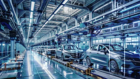 Augmented reality car manufacturing workshop. Animated infographics overlay Stock Footage 289401852