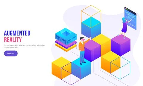 Augmented Reality concept based page design with people on top of isometric.. Stock Illustration