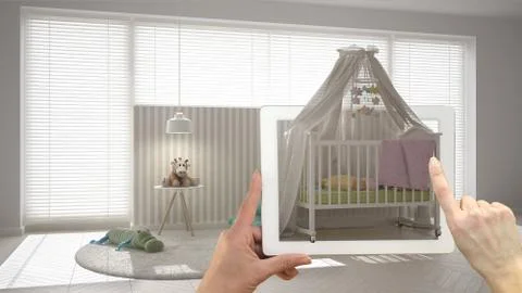 Augmented reality concept. Hand holding tablet with AR application used to si Stock Illustration