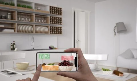 Augmented reality concept. Hand holding digital tablet smart phone use AR app Illustrazione stock