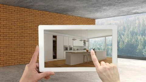 Augmented reality concept. Hand holding tablet with AR application used to si Illustrazione stock