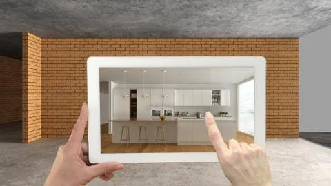 Augmented reality concept. Hand holding tablet with AR application used to si Illustrazione stock