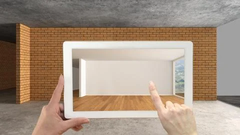 Augmented reality concept. Hand holding tablet with AR application used to si Illustrazione stock