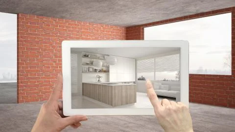 Augmented reality concept. Hand holding tablet with AR application used to si Stock Illustration