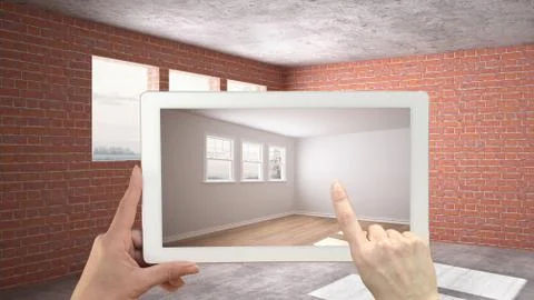 Augmented reality concept. Hand holding tablet with AR application used to si Stock Illustration