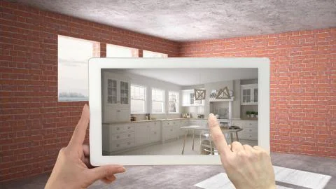 Augmented reality concept. Hand holding tablet with AR application used to si Illustrazione stock