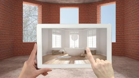 Augmented reality concept. Hand holding tablet with AR application used to si Stock Illustration
