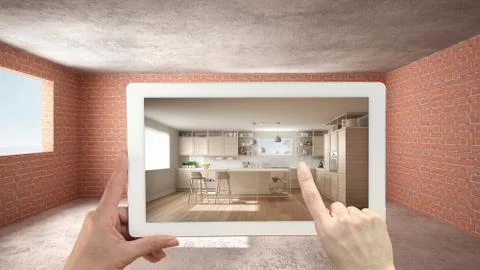 Augmented reality concept. Hand holding tablet with AR application used to si Illustrazione stock