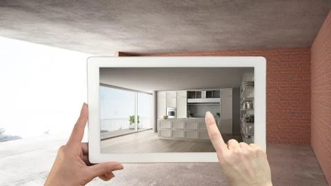 Augmented reality concept. Hand holding tablet with AR application used to si Stock Illustration