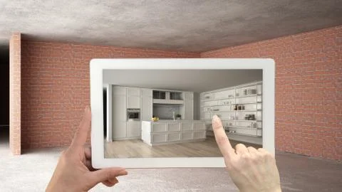 Augmented reality concept. Hand holding tablet with AR application used to si Stock Illustration