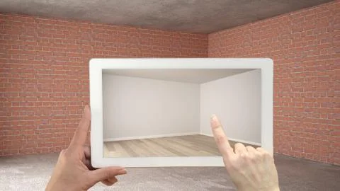 Augmented reality concept. Hand holding tablet with AR application used to si Illustrazione stock