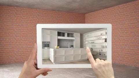 Augmented reality concept. Hand holding tablet with AR application used to si Illustrazione stock