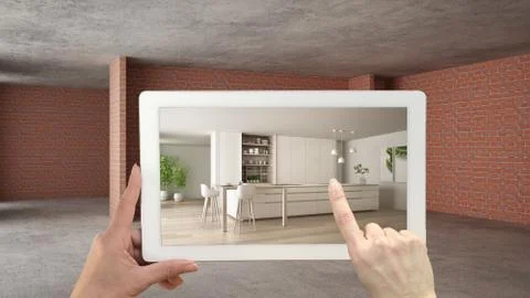 Augmented reality concept. Hand holding tablet with AR application used to si Illustrazione stock