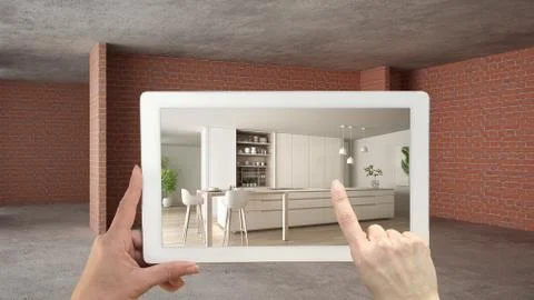 Augmented reality concept. Hand holding tablet with AR application used to si Illustrazione stock
