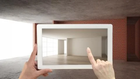 Augmented reality concept. Hand holding tablet with AR application used to si Stock Illustration
