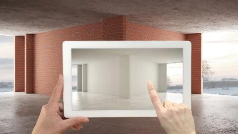 Augmented reality concept. Hand holding tablet with AR application used to si Illustrazione stock
