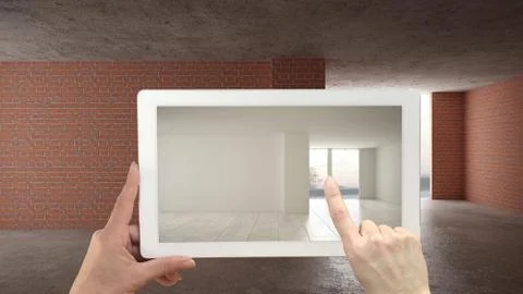 Augmented reality concept. Hand holding tablet with AR application used to si Illustrazione stock