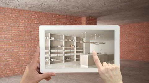 Augmented reality concept. Hand holding tablet with AR application used to si Illustrazione stock