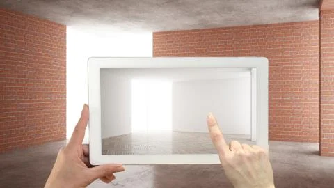 Augmented reality concept. Hand holding tablet with AR application used to si Illustrazione stock