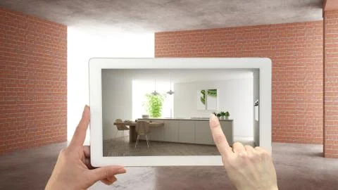 Augmented reality concept. Hand holding tablet with AR application used to si Illustrazione stock