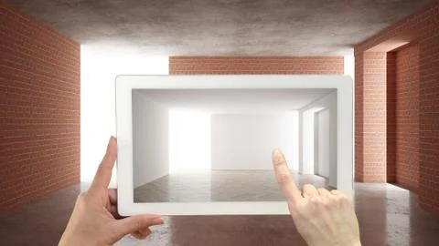 Augmented reality concept. Hand holding tablet with AR application used to si Illustrazione stock