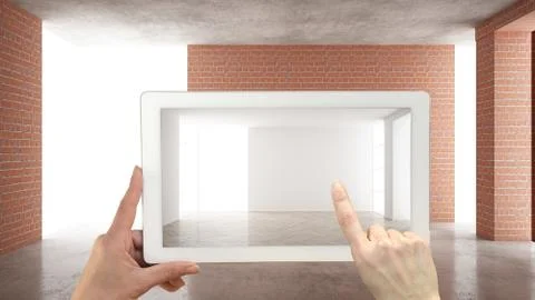 Augmented reality concept. Hand holding tablet with AR application used to si Illustrazione stock